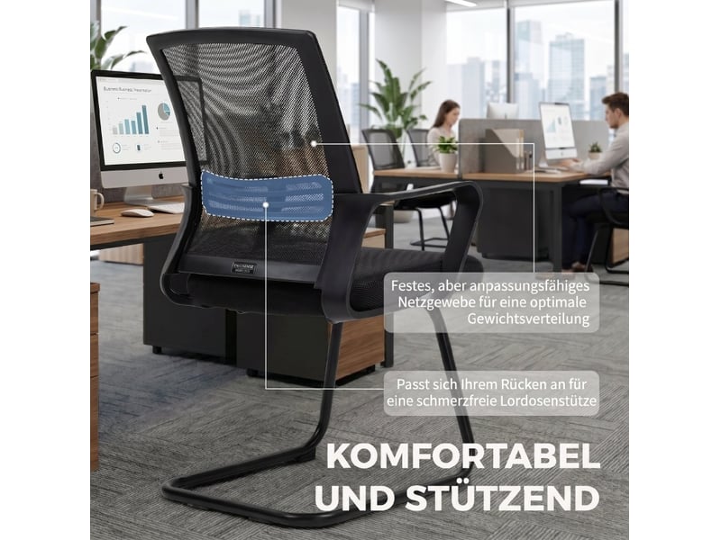  Lot de 2 chaises visiteur 58,5 x 57,5 x 93 cm – noires – dossier en maille et piètement luge métal  - Conforama E
