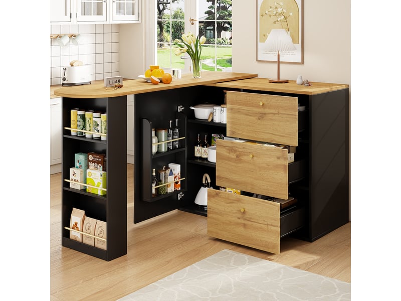  Ilot cuisine, buffet de cuisine avec rangements intégrés, plateau extensible, pivotant à 360°, dimensions 138 à 204 x 39 x 104 cm, mdf, noir  - Conforama D
