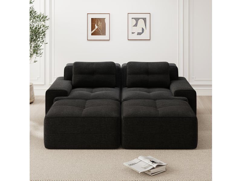  Canapé modulable ulevr 2 places en velours côtelé noir avec ottomans, assise profonde 74 cm, 204 x 177 x 69 cm, sans montage  - Conforama B