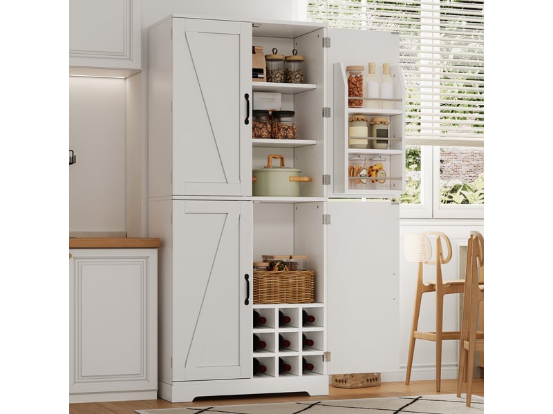 Armoire de cuisine 80x40x178cm, garde-manger à 4 portes style grange, casiers à bouteilles et rangements de porte, blanc evarich - Conforama E