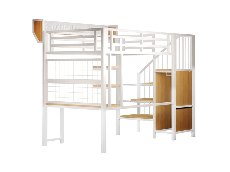  Lit mezzanine 90x200 en métal blanc, adapté adulte et enfant, avec bureau intégré, étagères, rangements, éclairage led et prise électrique  - Conforama R