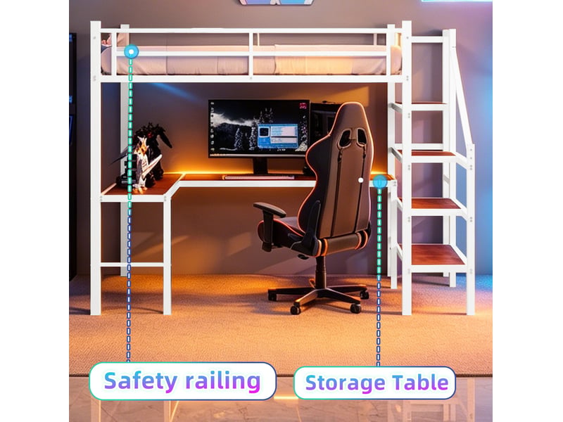  Lit mezzanine, 90x190 cm, couchage en hauteur, avec bureau en l, rangements, matelas non inclus, métal, coloris blanc  - Conforama E