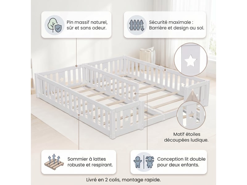  Lit enfant 90x200(x2), lit au sol avec barrière et sommier, bois de pin massif, motif étoiles, style montessori, blanc  - Conforama C