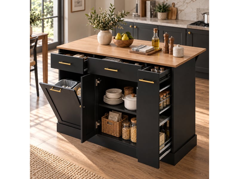  Îlot de cuisine 3 portes 3 tiroirs coloris noir panneau de particules  - Conforama B