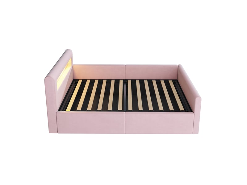 Lit enfant 90x200, velours rose, led, usb, étagère et rangement hydraulique - Conforama A
