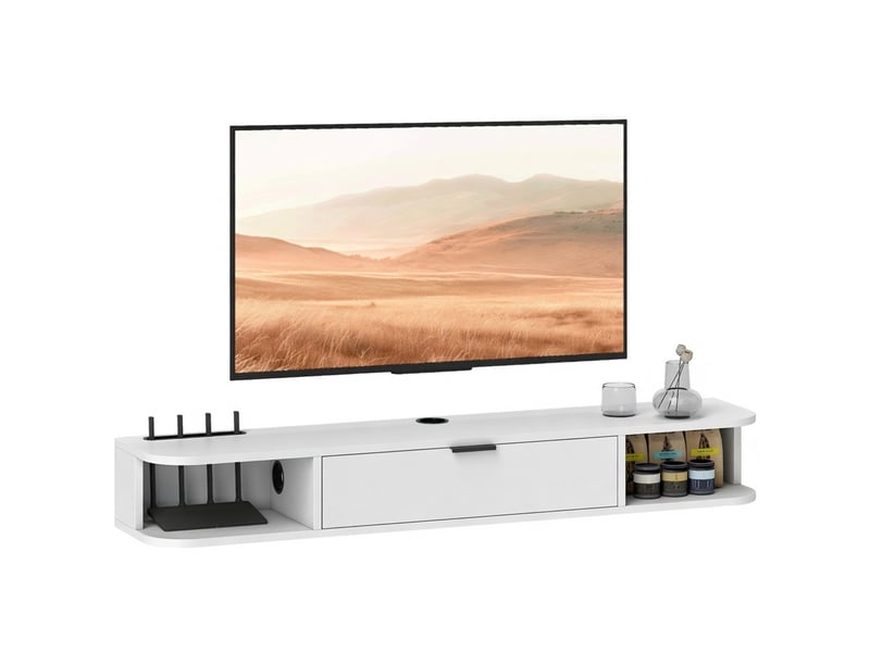  Meuble tv suspendu pour téléviseur jusqu'à 50 pouces tiroir rabattable 2 étagères 120x24x16cm blanc  - Conforama A