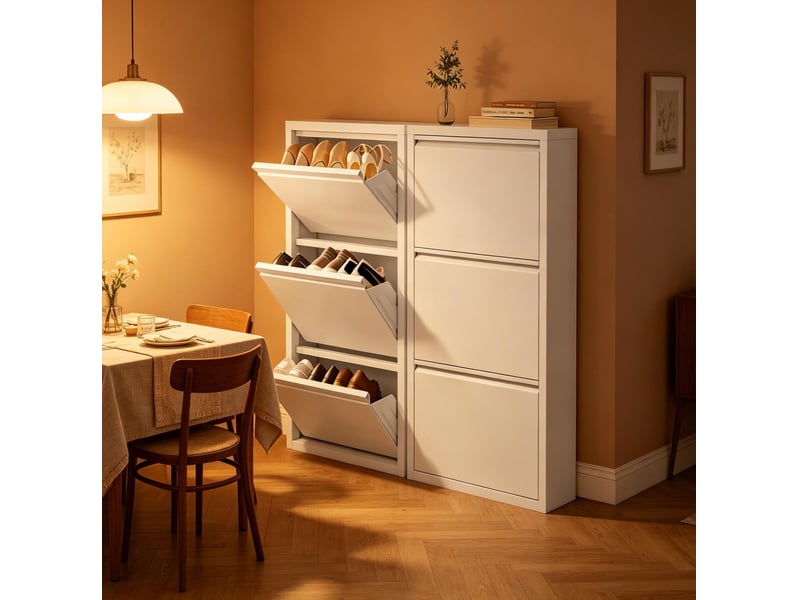  Lot de 2 meubles à chaussures,50x15x106 cm,3 abattants,métal,blanc  - Conforama C