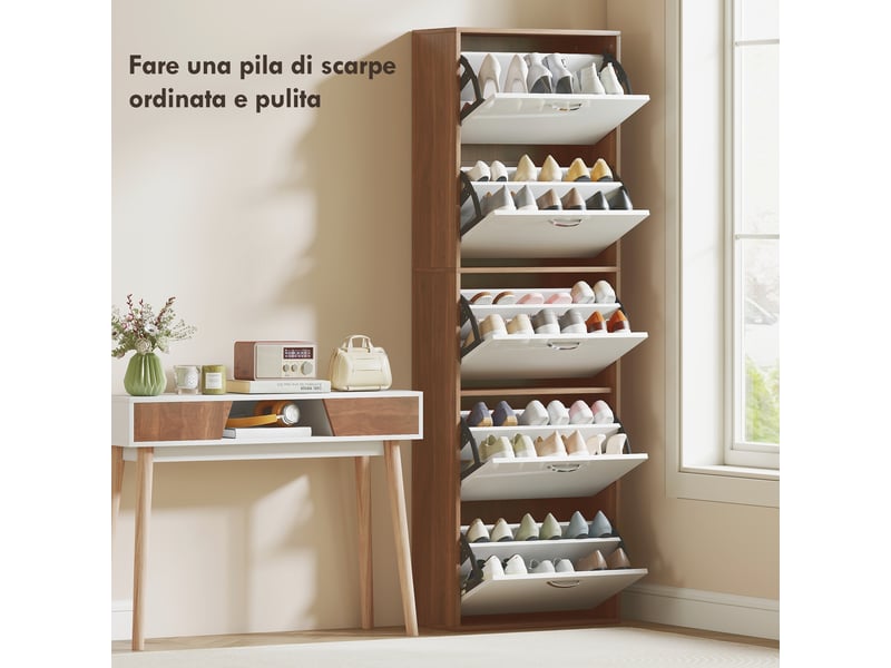  Meuble à chaussures fin en mdf blanc et marron avec 5 niveaux et 2 étagères par niveau dimensions 60x28x189 cm  - Conforama E