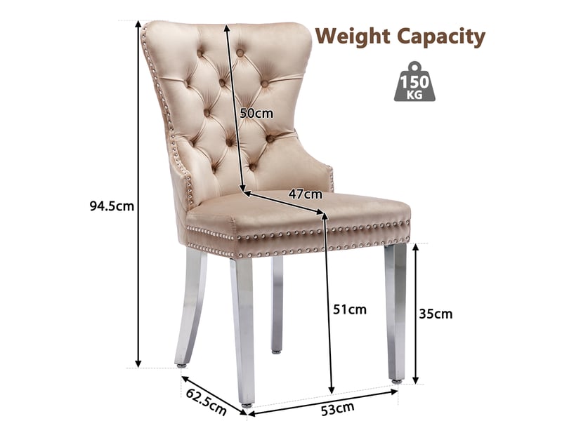  Chaises élégance lot de 6, velours beige, pieds métal, clous décoratifs, dossier unique moderne  - Conforama C