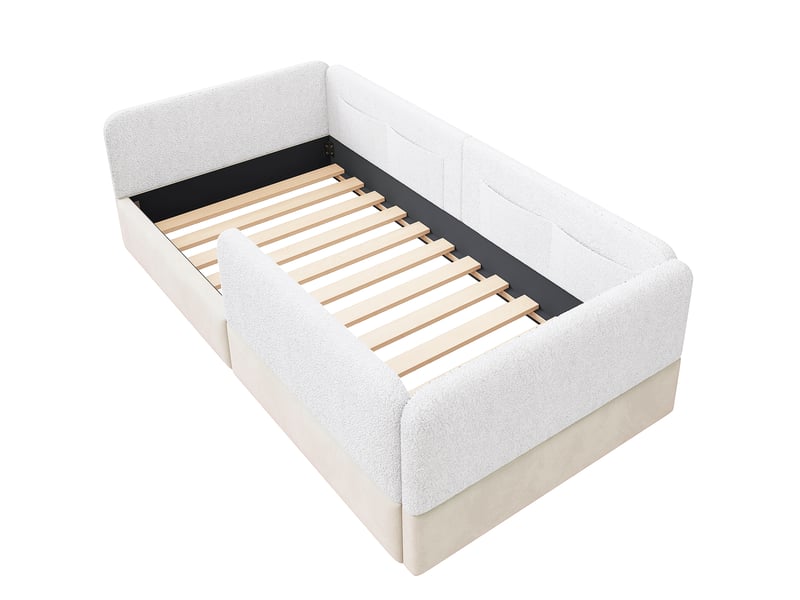  Lit plateforme capitonné 90x200 avec barrière et pochettes de rangement, blanc  - Conforama A