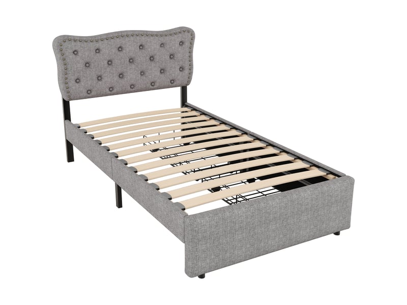  Lit rembourré gris 90x200 cm avec détails cloutés et 2 tiroirs de rangement  - Conforama E