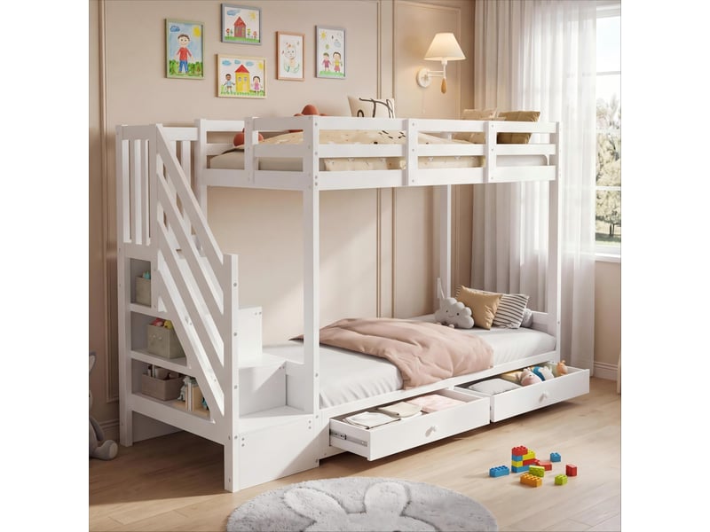  Lit superposé enfant, lit double, lit enfant multifonctionnel, avec escalier et 2 tiroirs, sans matelas, le niveau inférieur peut servir de lit ou de canapé et comprend des coussins, blanc, 90*200  - Conforama B