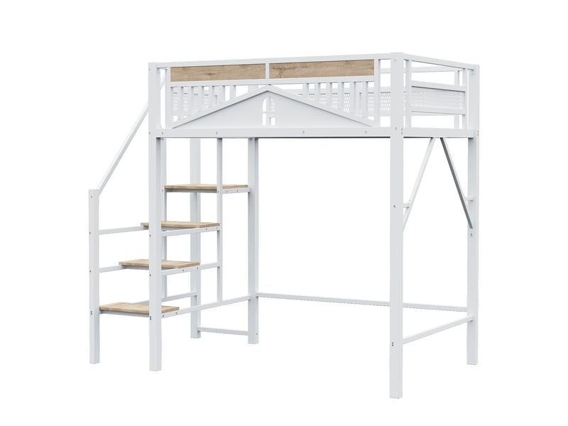  Lit mezzanine 140 x 200 cm avec échelle et garde-corps fenêtre, métal et bois, blanc Fay Lum - Conforama A