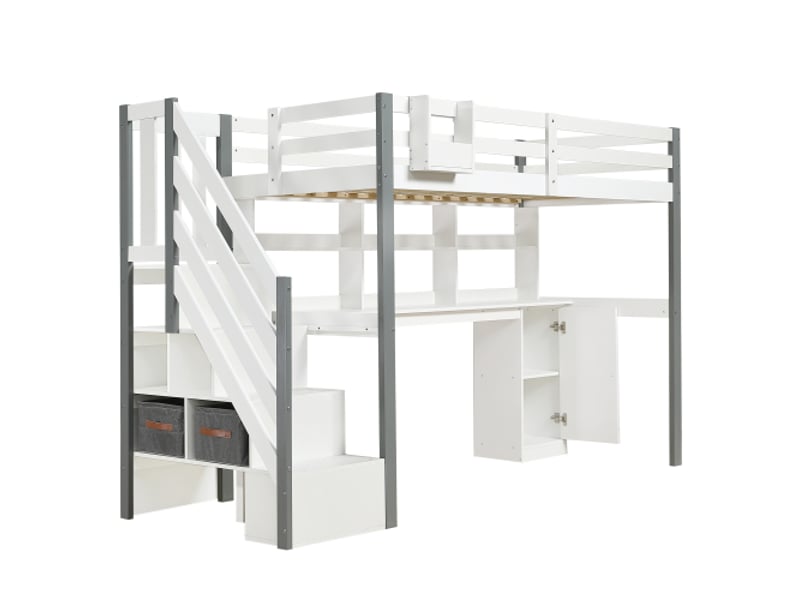 Lit mezzanine 90x200 cm, lit mi-hauteur avec échelle, étagère, bureau et casiers, en bois, blanc, sans matelas - Conforama E