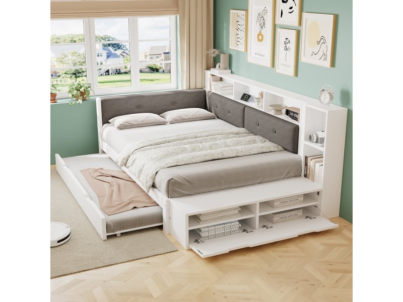 Lit gigogne 120 x 200 cm, cadre de lit avec couchage d’appoint, étagères ouvertes, couchage gigogne, ports usb et usb-c, tissu, blanc Morn Vibe - Conforama D