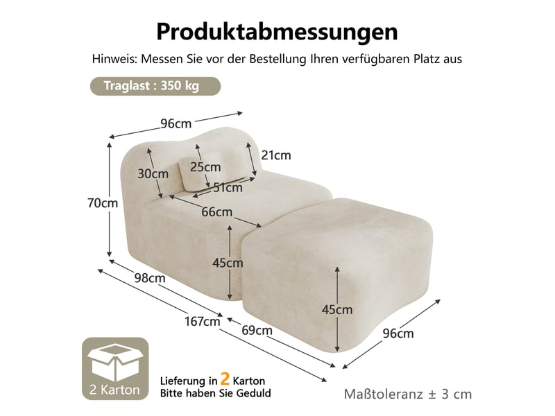Fauteuil modulable 1 place avec ottomane 96x167x70 cm en velours beige - Conforama C