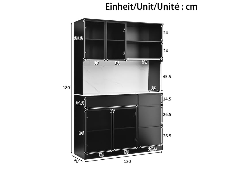  Buffet et enfilade avec tiroirs, niches et vitrines led pour salle à manger, mdf noir et blanc, 120 × 40 × 180 cm  - Conforama E