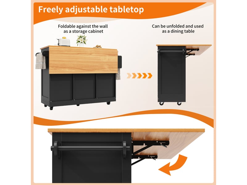  Îlot de cuisine noir, desserte à roulettes avec tiroirs et plateau pliable. Sans matelas inclus.  - Conforama C