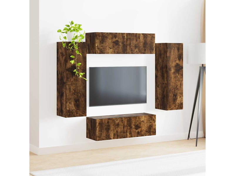  Ensemble de meuble tv - banc tv - meuble de rangement mural 4 pcs chêne fumé bois d'ingénierie  - Conforama D