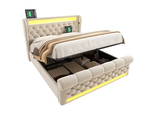 Lit coffre 140x200 cm - lit double avec rangement et éclairage led, prises usbtype-c, en velours beige - sans matelas