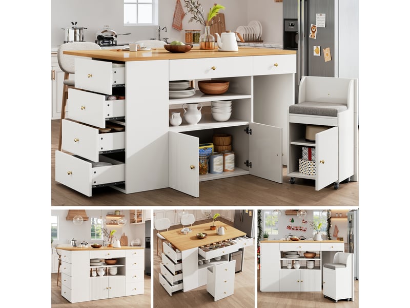 Îlot de cuisine avec tabourets et 6 tiroirs, îlot central 140 cm avec rangement, design noir et blanc - Conforama C