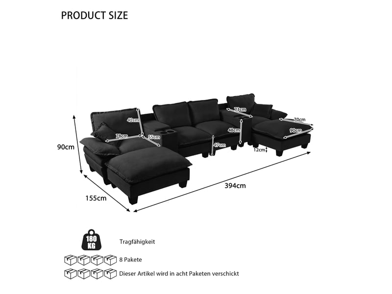 Canapé panoramique modulable, 2 consoles avec rangements, porte-gobelets et usb, 392 × 151 × 90 cm, chenille noire - Conforama C