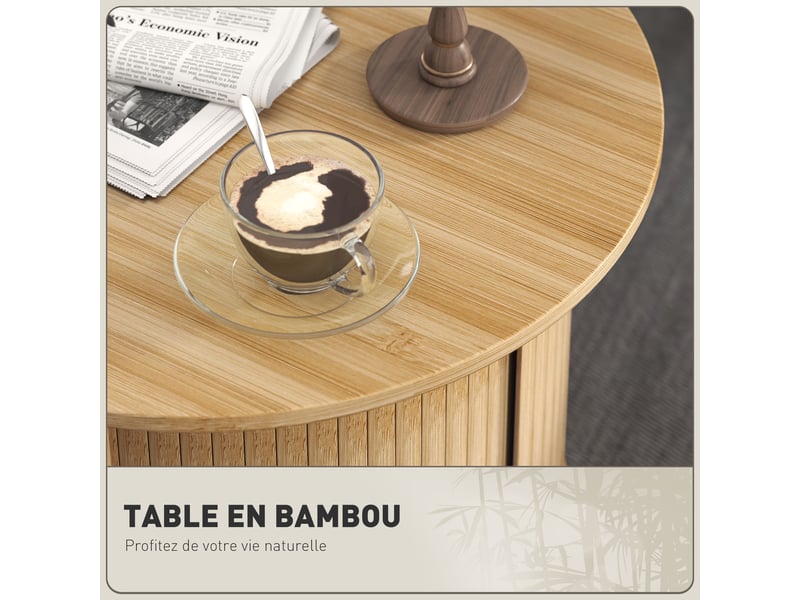  Table basse ronde table de salon en bambou avec rangement caché et porte coulissante, bois naturel, dim.  60 x 45h cm  - Conforama D