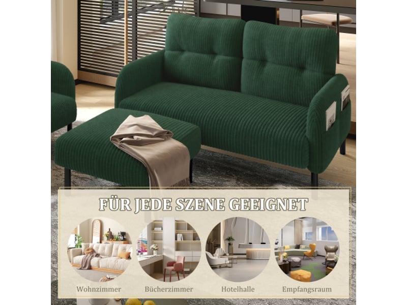  Ensemble cord 3 pièces: canapé 2 places, fauteuil et pouf, cadre acier, modulable, vert émeraude, poche, dossier doux  - Conforama E
