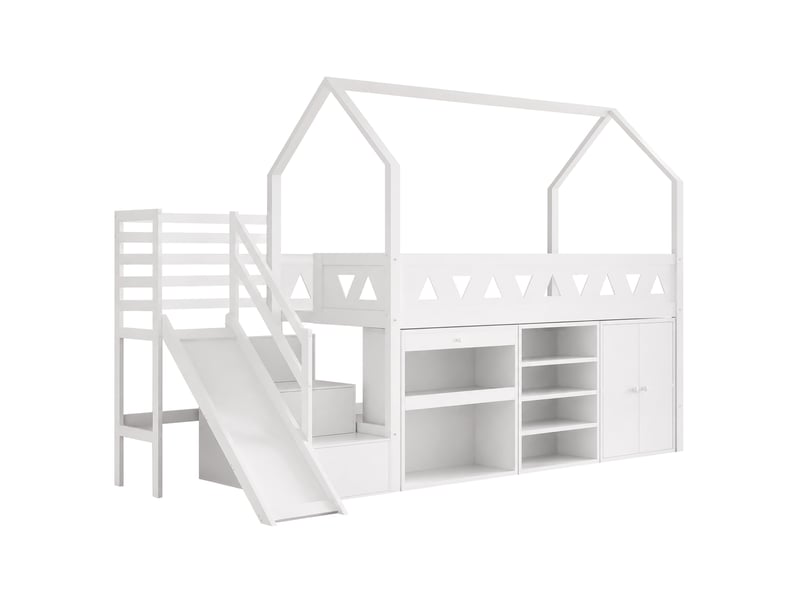  Lit enfant, lit simple, lit enfant multifonctionnel, avec toboggan et escalier, avec tiroirs et casier, sans matelas, bois massif, blanc, 90*200  - Conforama D