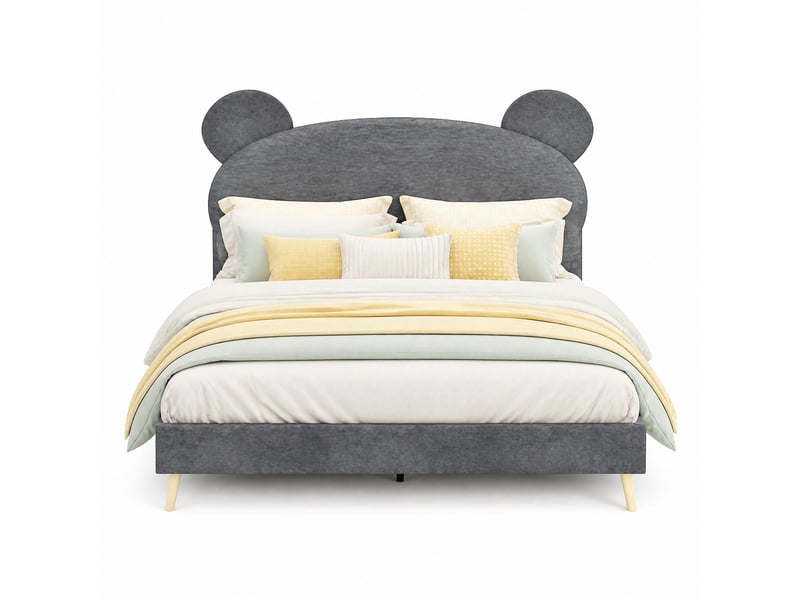  Lit pour enfant, 140x200 cm, lit 2 place avec tête cartoon ludique, matelas non inclus, tissu et métal, coloris gris  - Conforama A