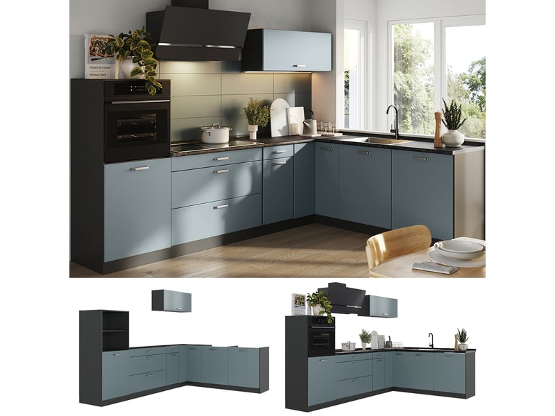 Vicco cuisine en angle, bleu-grisanthracite, 287 x cm plan de travail chêne doré - Conforama D