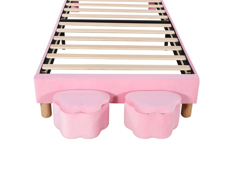  Lit simple enfant 200×90 cm avec 2 bancs de rangement, éclairage led et oreilles de lapin rabattables, en velours rose  - Conforama E