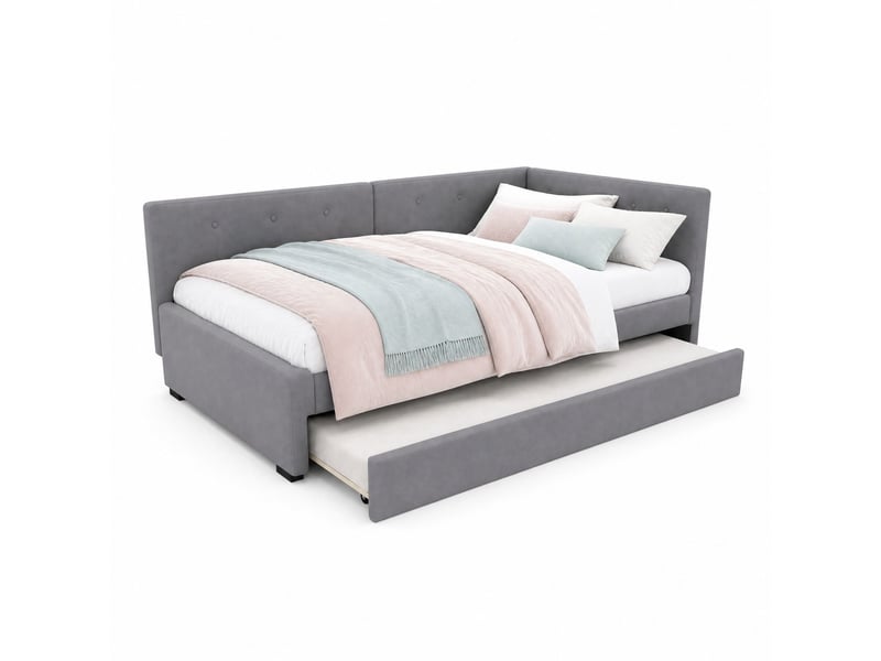Canapé-lit 90x200+90x190cm, lit simple, lit gigogne, tête de lit et sommiers inclus, velours gris, sans matelas - Conforama A
