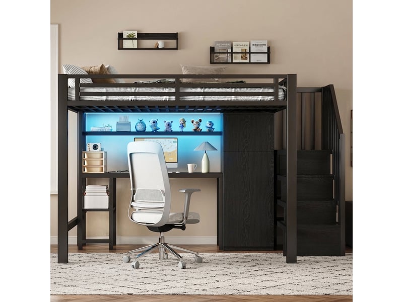 Lit mezzanine 140x200 avec bureau et armoire, escalier de rangement, métal noir - Conforama D