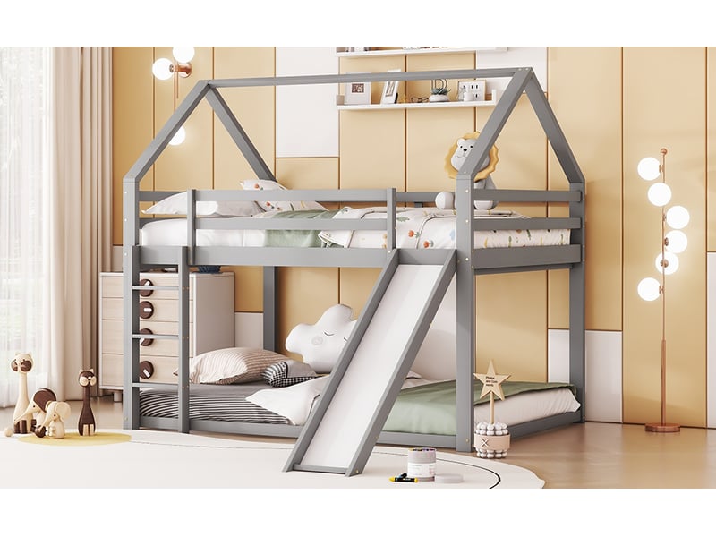  Lit superposé enfant en forme de maison avec toboggan et échelle 140x200 cm gris bois de pin mdf couchage deux places avec sommier à lattes Sol Morn - Conforama B