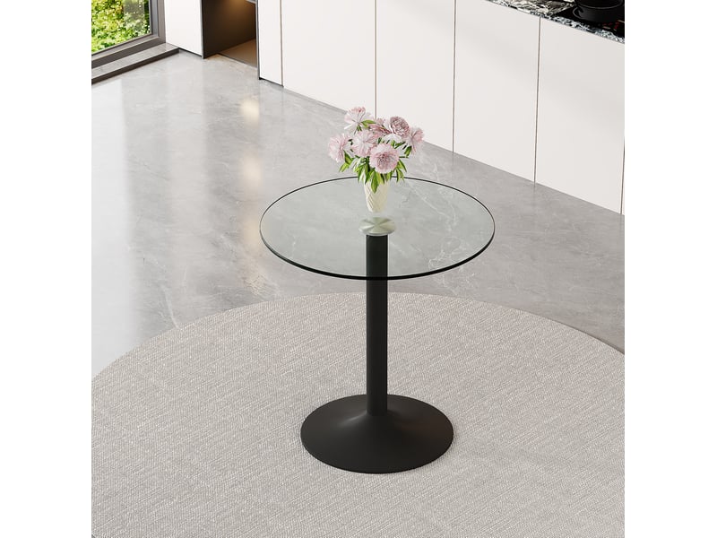  Table de salle à manger ronde en verre trempé avec base métallique noire, style moderne minimaliste pour bar et cuisine  - Conforama E