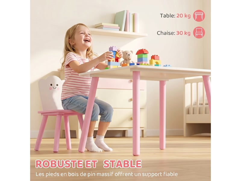  Table enfant avec chaise, ensemble table et 2 chaises en bois pour dessiner, jouer, rose, étudier  - Conforama W