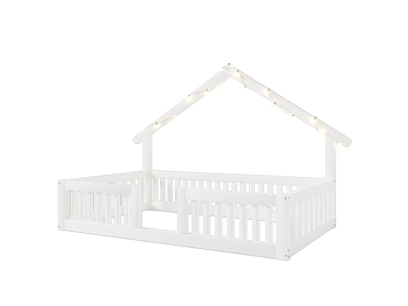  Lit cabane 90x200 enfant bois blanc - lit au sol avec barrière et guirlande led  - Conforama W