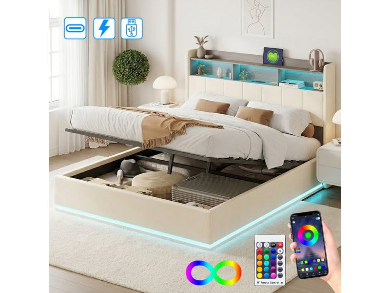 Lit coffre 140x190 cm avec led,usb et type-c, lit adulte avec sommier à lattes, lit double moderne, blanc,velours - Conforama B