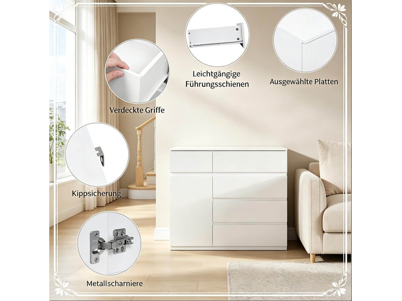  Buffet de rangement 100 x 40 x 80 cm blanc en panneau de particules, 5 tiroirs et placard réglable  - Conforama E