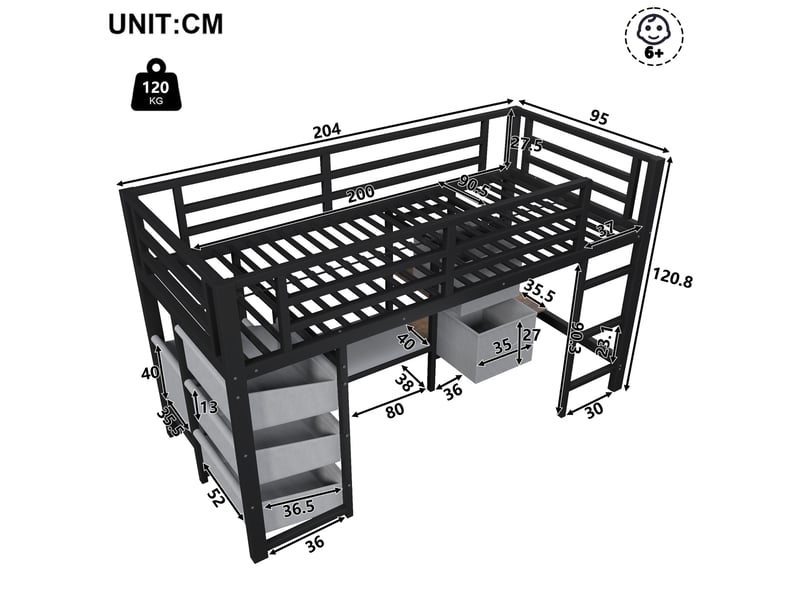  Lit mi-hauteur 90x200 cm en métal noir avec led, rangement et assise  - Conforama C