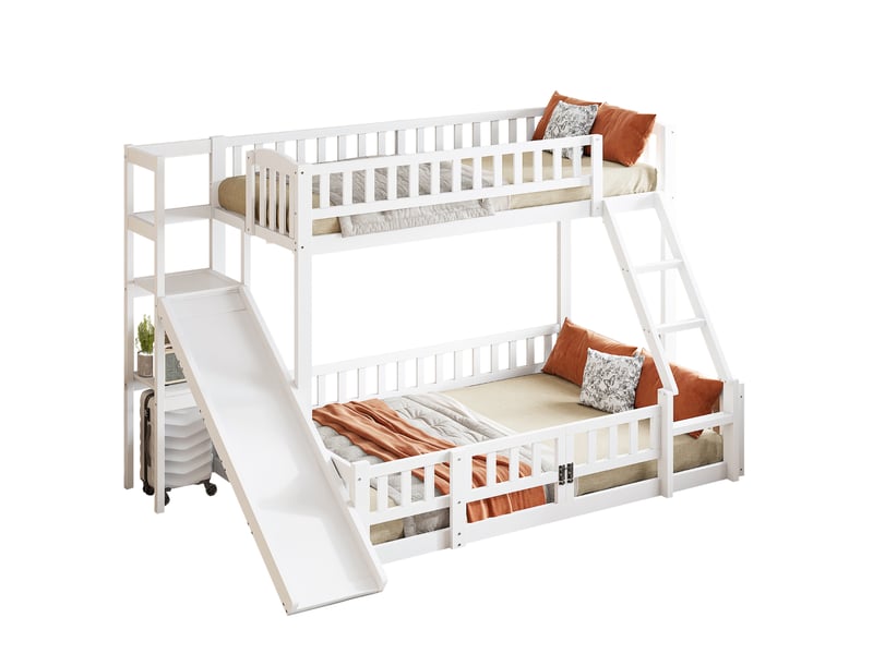  Lit superposé 140x200+90x200cm avec toboggan, étagères de rangement, escalier et sommiers, pin+mdf, blanc, sans matelas  - Conforama A