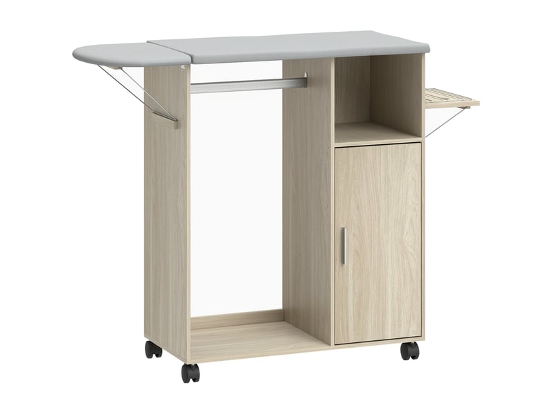 Armoire à repasser sur roulettes, table à repasser pliante, étagère réglable, barre de suspension, 127x42,5x99cm naturel  - Conforama B