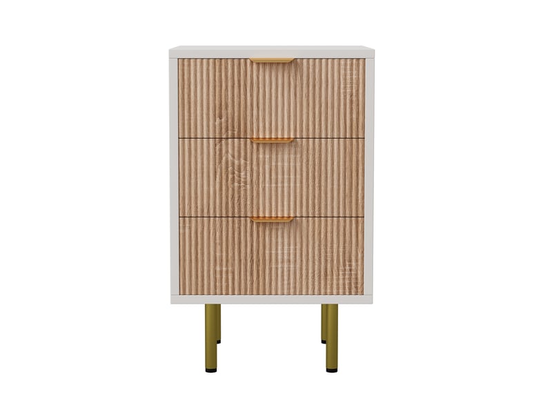  Lot de 2 tables de chevet 3 tiroirs, corps blanc façades aspect bois cannelé, poignées et pieds métalliques dorés, meuble de rangement pour chambre  - Conforama R