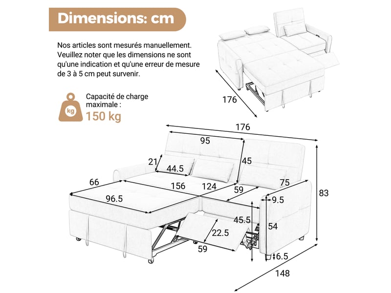  Canapé-lit tcqpz 3 places convertible 176 x 148 x 83 cm dossier réglable 3 positions chenille gris  - Conforama B