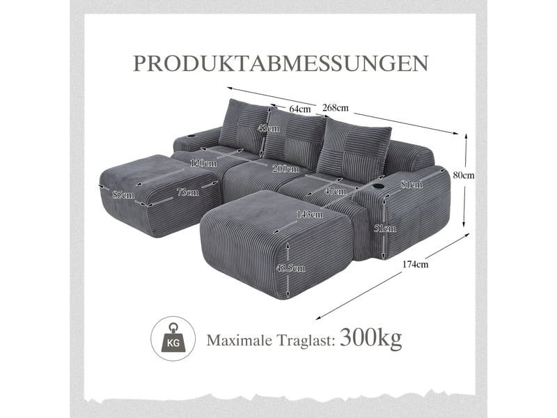  Canapé d'angle panoramique fixe 3 places tissu gris foncé  - Conforama C