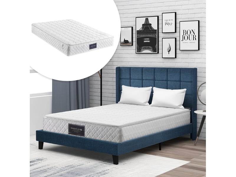  Lit rembourré 140 × 200 cm 2 places avec tête de lit et sommier, matelas à ressorts inclus, en lin bleu, h3  - Conforama C