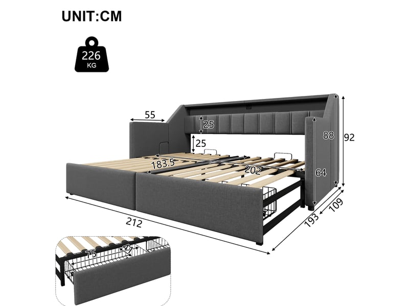  Lit gigogne 90x200 cm avec usb et type c, led et 2 tiroirs en lin et mdf gris  - Conforama E
