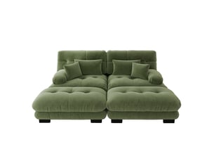 Canapé modulable en u 2 places avec 2 poufs mobiles, chenille vert, assise profonde