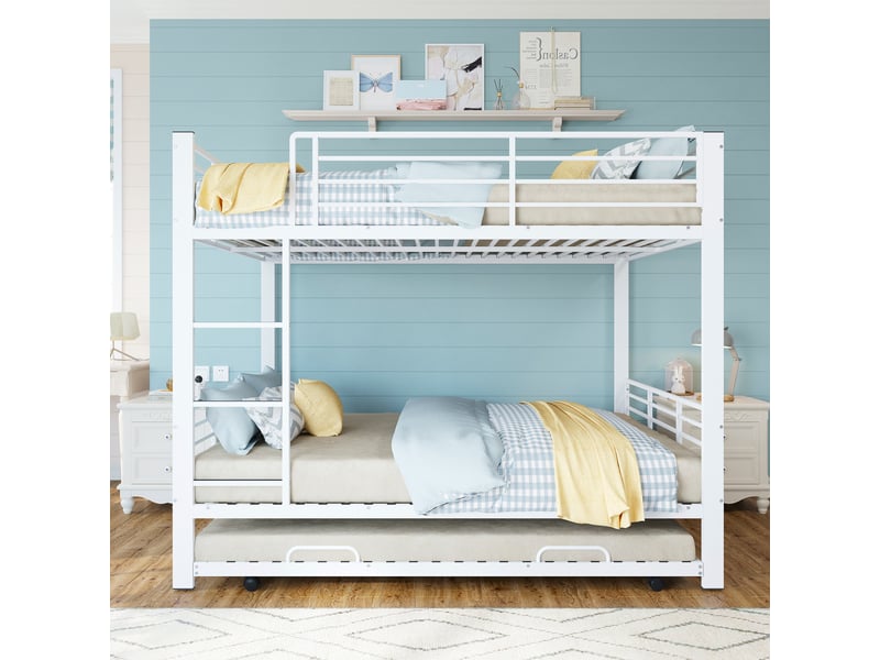  Lit superposé enfant et adolescent 140 x 200 cm 3 places avec lit gigogne blanc mat  - Conforama C